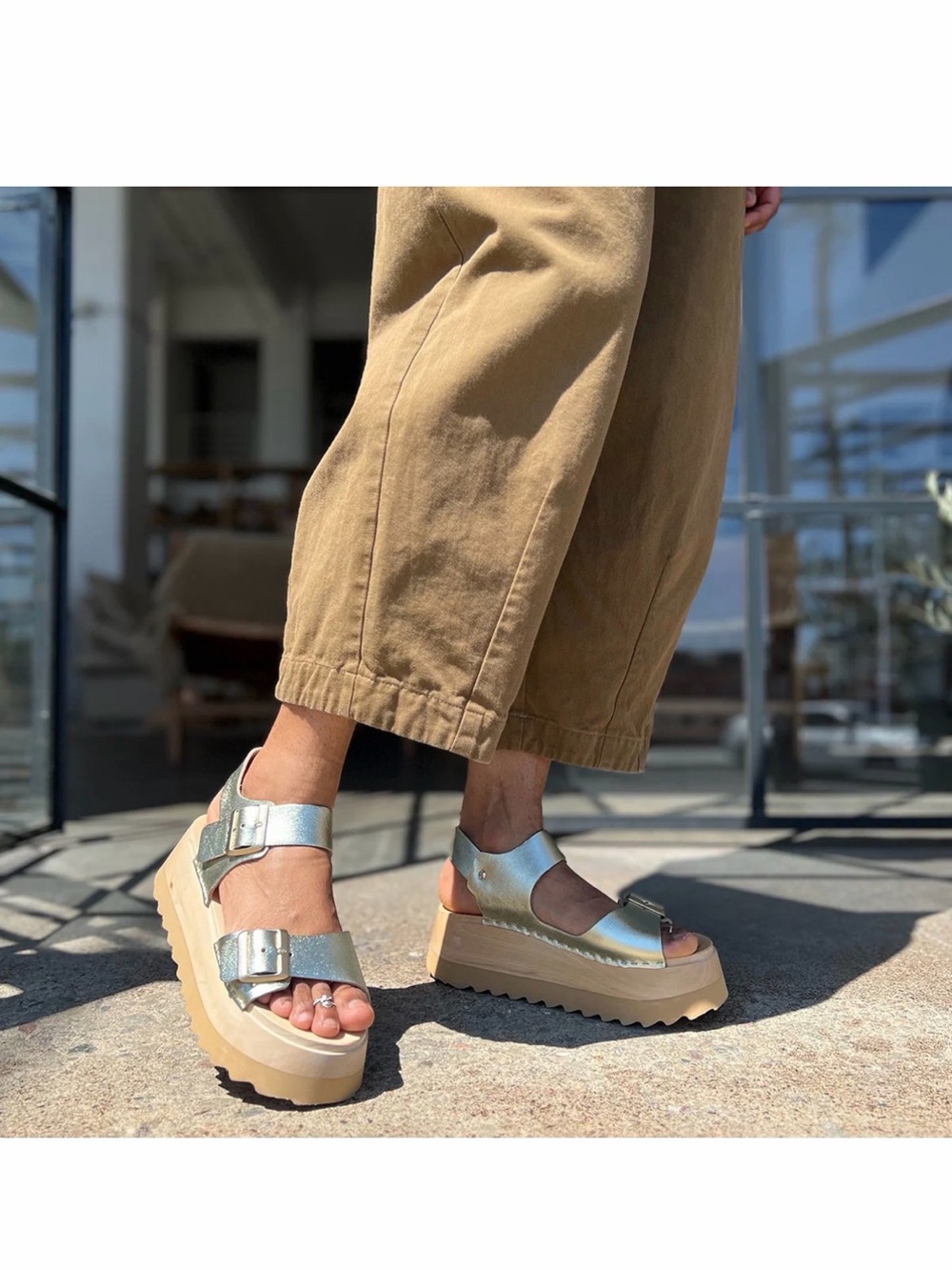 Bryr Gigi Metallic White Gold Platform Sandals with Chunky Tan Sole